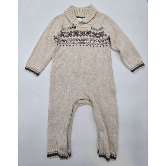 Koala Baby Infant Fair Isle Pattern Romper 6-9M 100% Cotton Beige & Brown - Picture 2 of 5